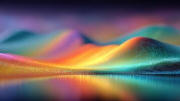 Vibrant abstract landscape with colorful waves and reflections at sunset over water photo