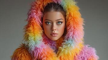 Brightly colored fur coat worn by a model with striking makeup in a studio setting during a fashion shoot photo