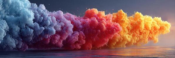 Colorful smoke clouds create vivid patterns over calm waters at sunset photo