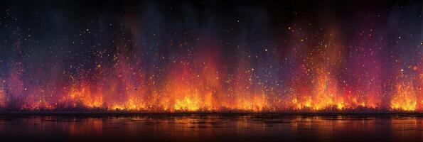 Vibrant flames rise at night creating a mesmerizing display over a calm surface photo