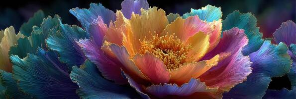 Colorful abstract flower design with vibrant petals and intricate details in a surreal setting during nighttime photo
