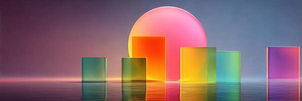 Colorful geometric shapes and a glowing sun radiating vibrant hues during twilight hours photo