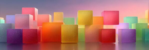 Colorful translucent cubes arranged in an artistic display with a soft gradient background during golden hour photo