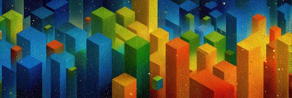 Vibrant abstract cityscape with colorful geometric shapes and patterns against a blue background photo