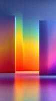 Bright geometric shapes create a colorful gradient background in a modern studio space photo
