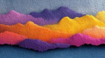 Vibrant abstract landscape artwork displayed on wall featuring colorful mountain ranges at sunset photo