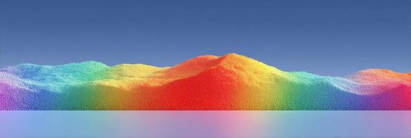 Colorful sand patterns create a vibrant landscape against a clear sky at sunset, showcasing natural hues and artistic design photo