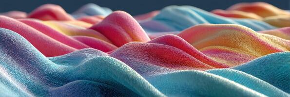 Colorful fabric waves create a textured landscape in vibrant hues of pink, blue, and orange during soft lighting photo