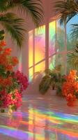 Colorful reflections and vibrant flowers create a dreamy atmosphere in a sunlit room photo