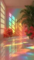 Bright colored light patterns create a serene atmosphere with flower pots in a sunlit room photo
