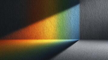 Colorful light creates a vibrant spectrum on a textured wall in a dimly lit room during the afternoon photo