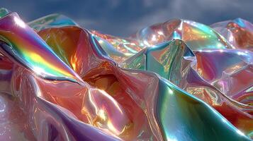 Colorful iridescent waves of translucent material under a bright sky creating a mesmerizing visual effect photo