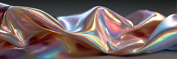 Fabric displaying iridescent colors in intricate folds under soft lighting on textured surface photo