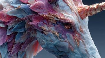 Intricate unicorn sculpture featuring vibrant colors and detailed textures in artistic display photo