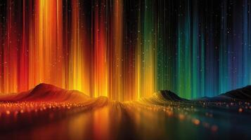 Vibrant abstract landscape showcasing colorful light streams over rolling hills during a cosmic night photo