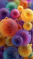 Colorful bubbles with droplets floating in a dreamy background filled with vibrant hues and shapes at a close distance photo