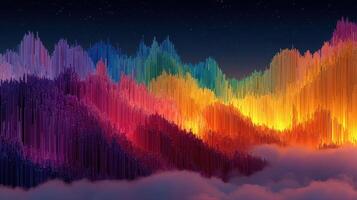 Brightly colored abstract mountain landscape illuminated against a starry night sky photo