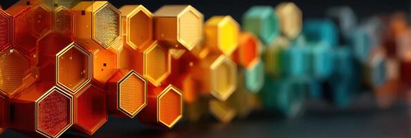 Colorful hexagonal patterns create a modern design in a vibrant display of orange and teal hues photo