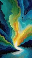 Colorful abstract painting showcasing vibrant blues, greens, and golds in a swirling, dynamic composition inspired by nature photo