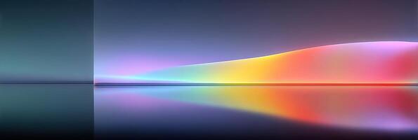Colorful gradient reflections on calm water create a serene atmosphere at sunset near a tranquil shoreline photo