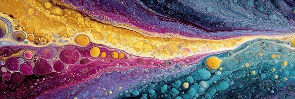 Abstract fluid art in vibrant colors showcasing a mesmerizing blend of purple, yellow, and blue hues photo