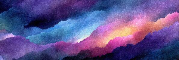 Colorful abstract watercolor painting depicting swirling clouds in hues of blue, purple, pink, and orange against a dark background photo
