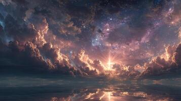 Radiant sunset illuminating clouds over calm ocean waters at twilight photo