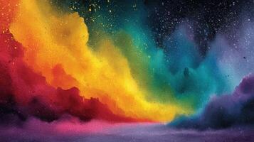 Vivid abstract painting with swirling colors resembling a cosmic landscape in vibrant hues of orange, yellow, blue, and purple photo
