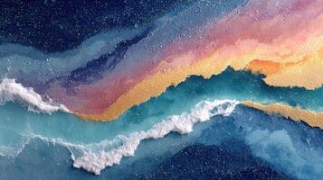 Abstract wave pattern with vibrant colors and golden accents in a coastal design photo