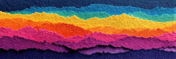 Colorful layers of torn paper create a vibrant abstract landscape against a dark background photo