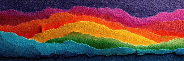 Vibrant layers of torn paper create a colorful abstract landscape at sunset photo