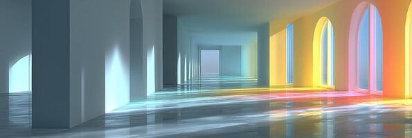 Reflection and light interact in an abstract space showcasing various hues and architectural shapes during daylight photo
