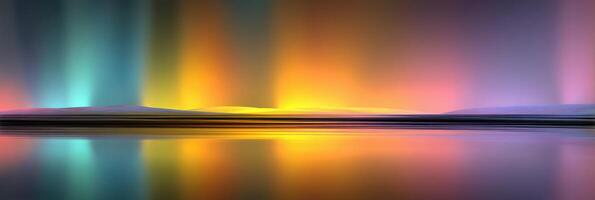 Vibrant light reflections illuminate a tranquil landscape during twilight hours by the water's edge photo