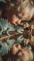 Child plays with dinosaur figures alongside reflections on a shiny surface in a cozy indoor setting during daytime photo
