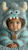 Cute baby dressed in fluffy monster costume smiling at the camera in a cozy setting with soft textures in warm light photo