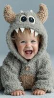Happy baby dressed in cute monster costume smiles joyfully while playing indoors in soft light photo