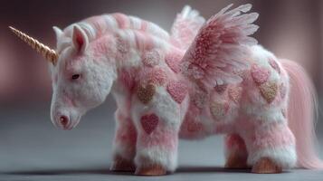 Whimsical pink unicorn with wings and heart patterns in a dreamy setting at twilight photo