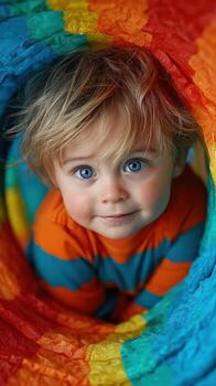 Child playing in colorful tunnel with bright eyes and playful expression during a sunny day at home photo