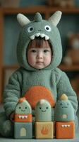 Child in cozy monster costume smiles while sitting with colorful plush toys indoors in a playful setting photo