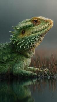 Lizard resting quietly by a serene pond surrounded by tall grass during a calm dawn photo