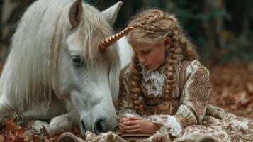 Young girl with braided hair sits with a white unicorn in a forest surrounded by autumn leaves during the afternoon photo