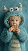 Child in a fuzzy monster costume enjoying a chocolate chip cookie against a blue background photo