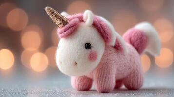 Soft pink unicorn toy rests on a shiny surface with a blurred festive background of lights during winter season photo