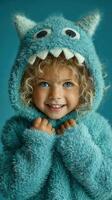 Child in a fluffy monster outfit smiles brightly against a blue background during a playful moment photo