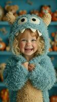 Child dressed in a furry blue monster costume smiles joyfully in a colorful playroom filled with plush toys photo