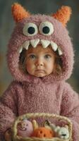 Cute toddler dressed in plush monster costume with a basket of toys during a cozy indoor playtime photo