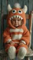 Cute child wearing monster costume sitting on wooden chair in cozy indoor setting during autumn morning photo