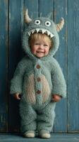 Cute child wearing fuzzy monster costume stands against blue wooden backdrop, showcasing playful expressions and cozy attire photo
