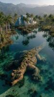 Majestic creature rests in serene lagoon surrounded by lush greenery and modern architecture during golden hour light photo