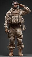 Soldier in military gear saluting with pride against a solid background during a ceremonial moment photo